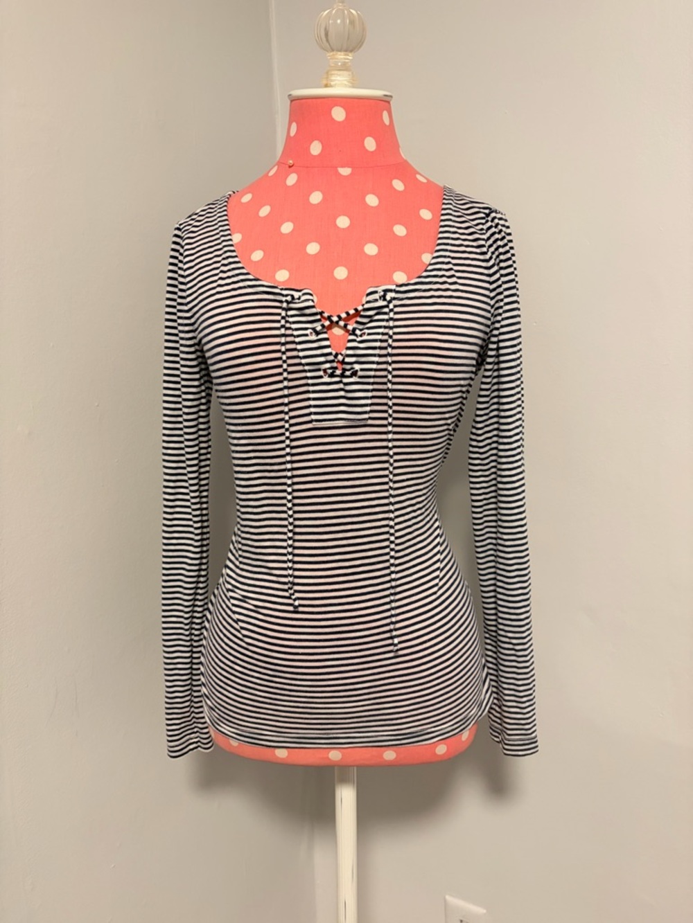 Striped Lace-Up Long Sleeve Top - Black & White